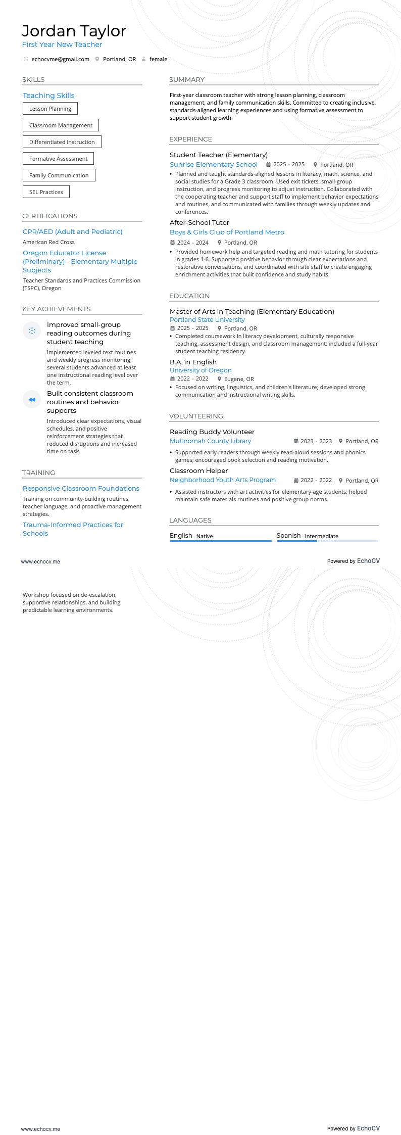 First Year New Teacher example resume