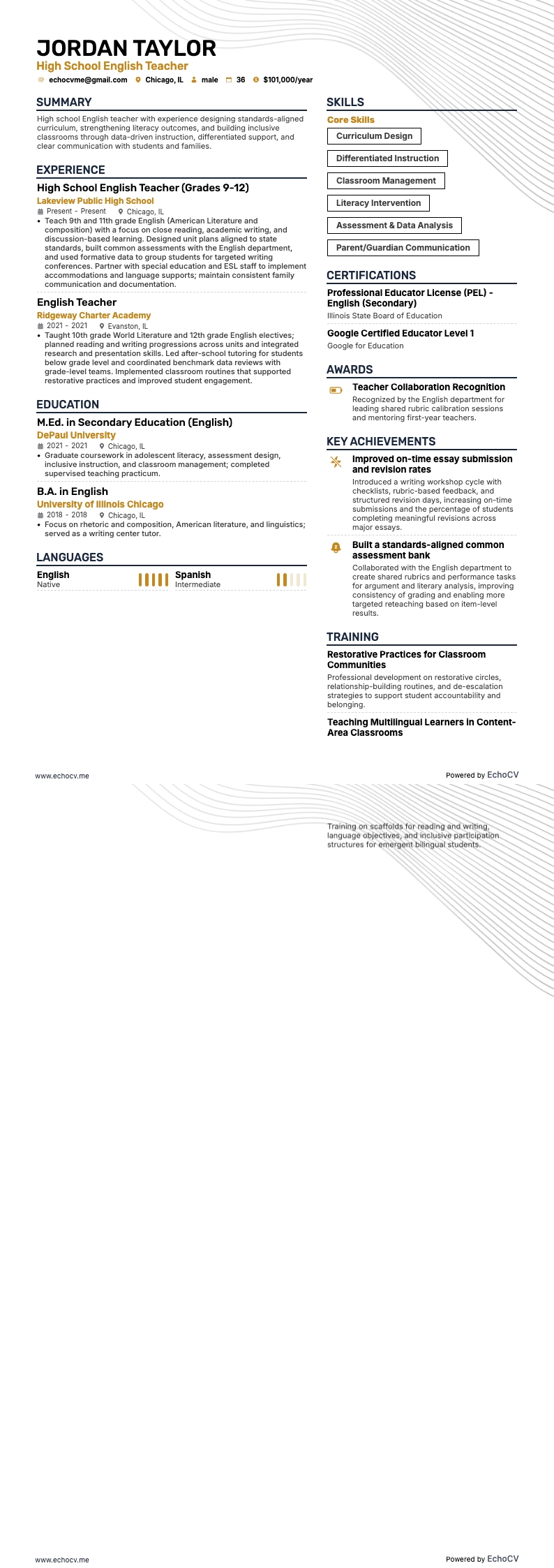 Docent Engels op de middelbare school example resume