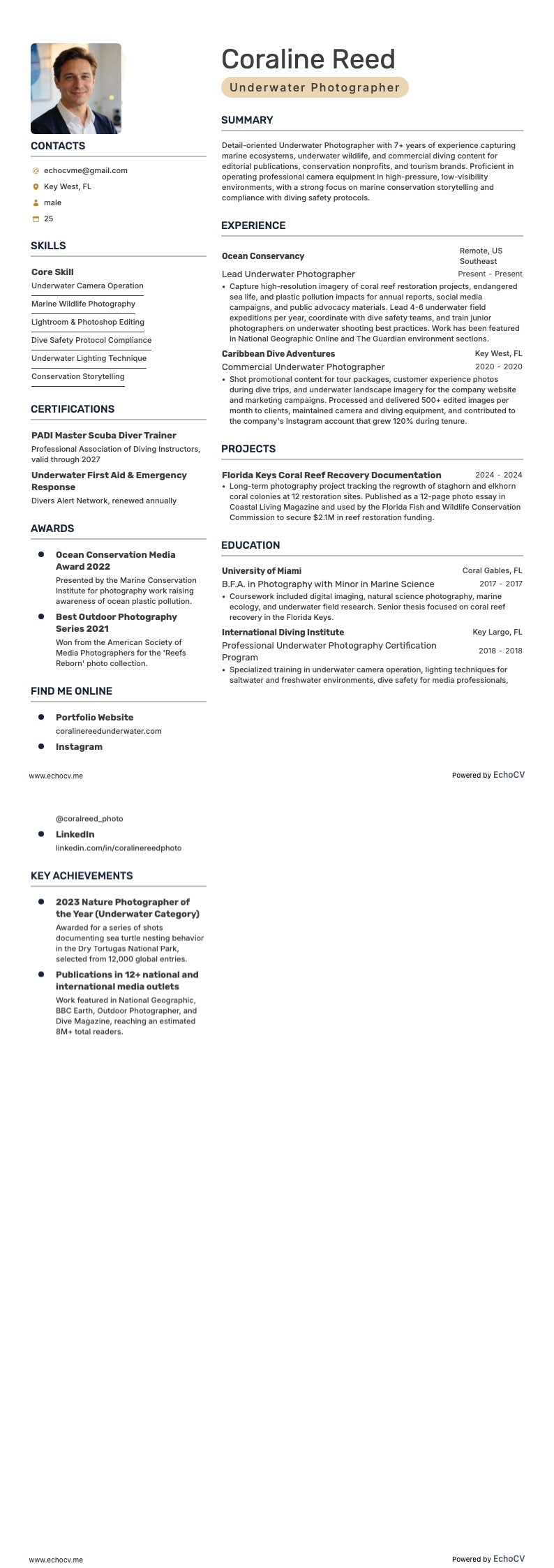 Underwater Photographer example resume