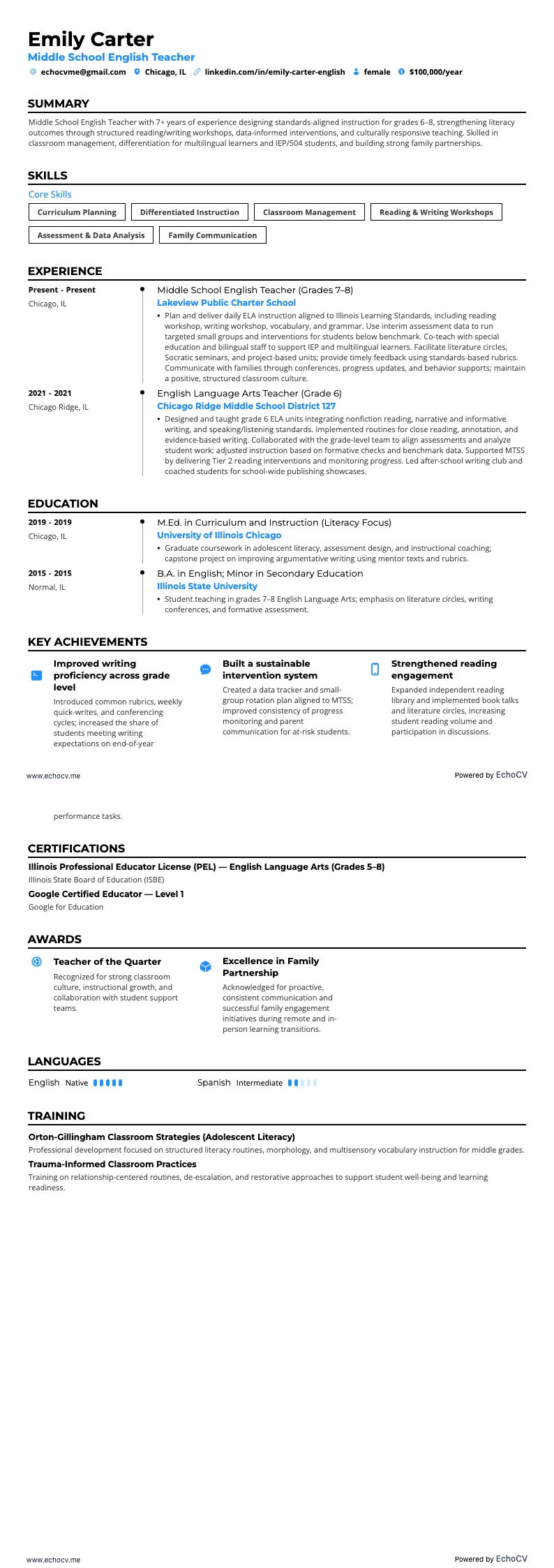 Docent Engels in het voortgezet onderwijs example resume