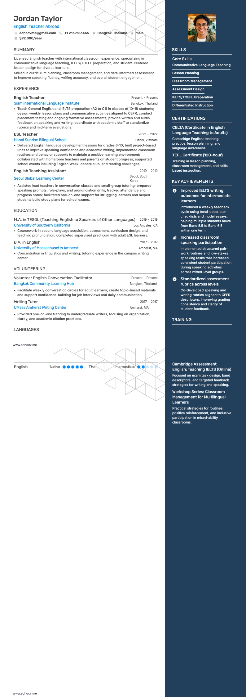 Engels docent in het buitenland example resume