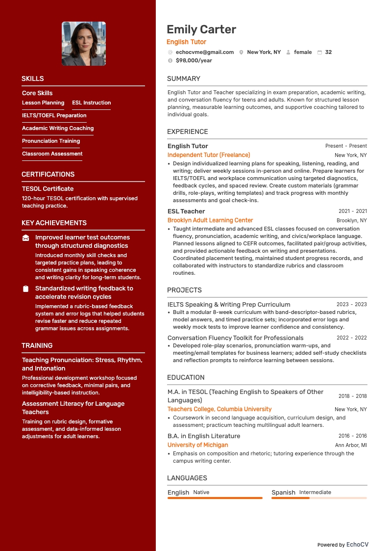 Engelse tutor example resume