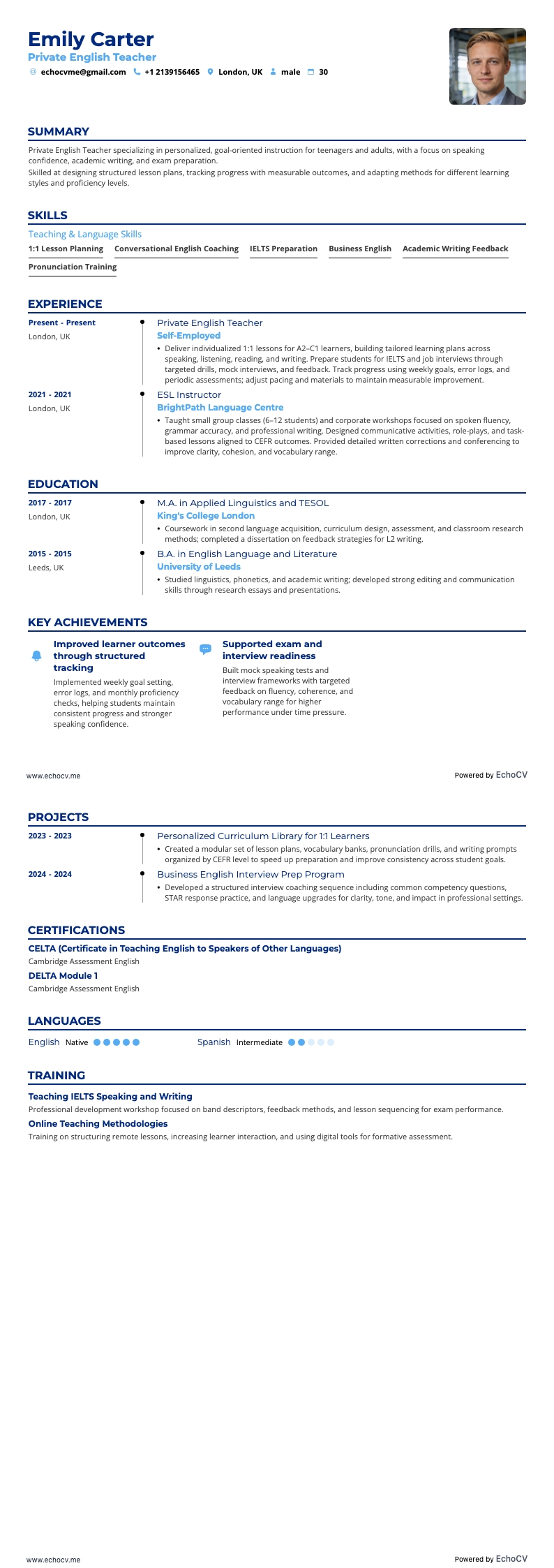 Privéleraar Engels example resume