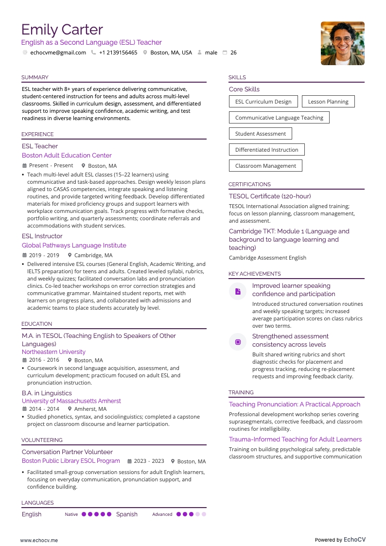 Docent Engels als tweede taal (ESL) example resume