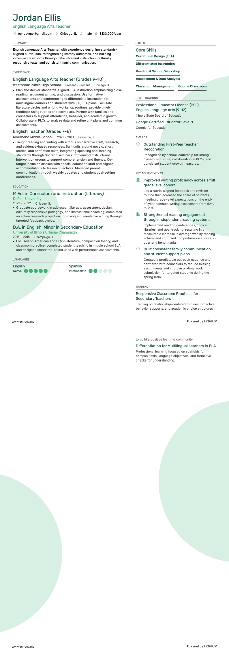 Docent Engels en taalvaardigheid example resume