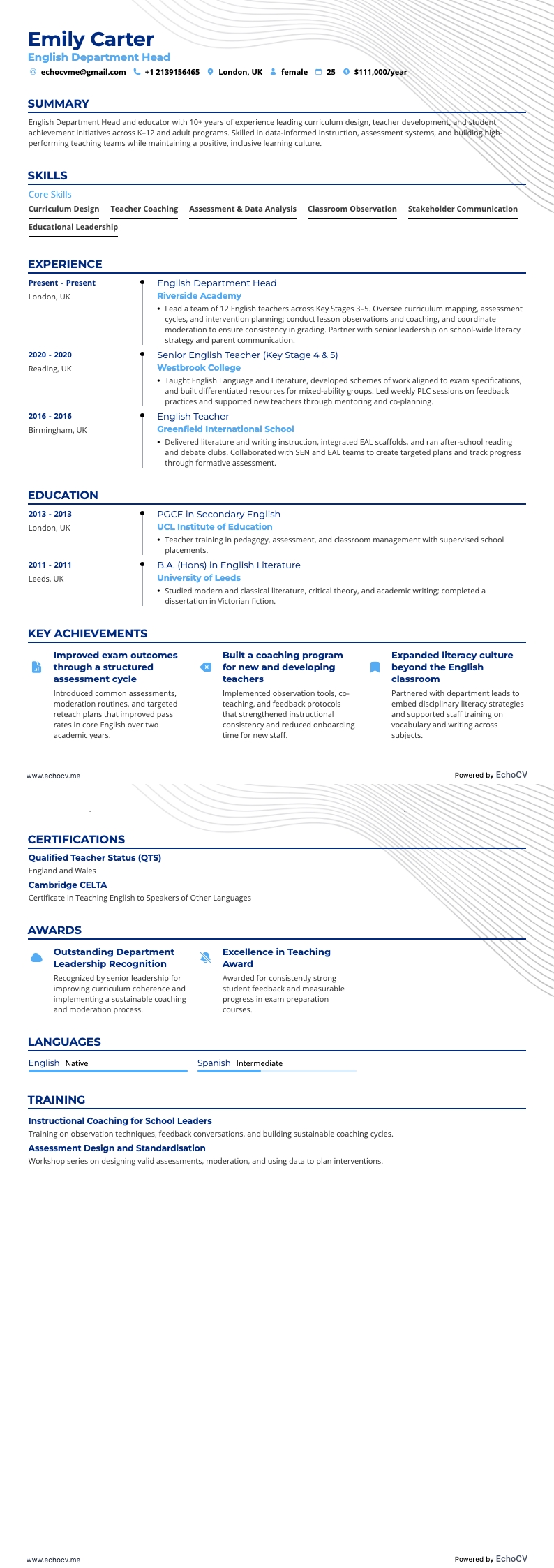 Hoofd van de afdeling Engels example resume
