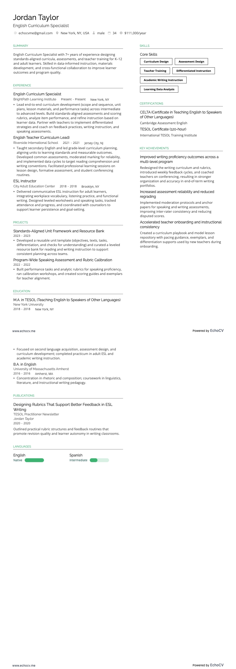 Specialist Engels curriculum example resume