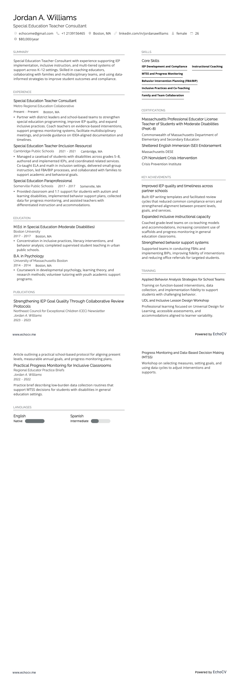 Special Education Teacher Consultant example resume