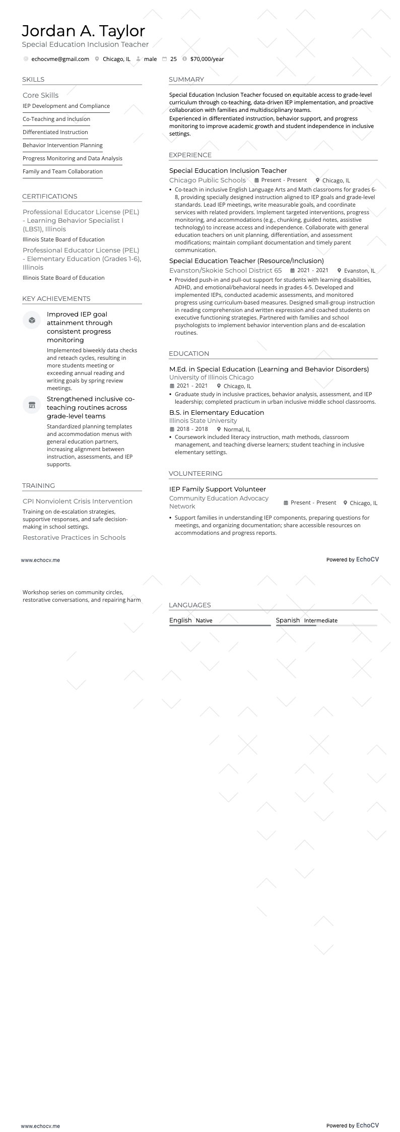 Special Education Inclusion Teacher example resume