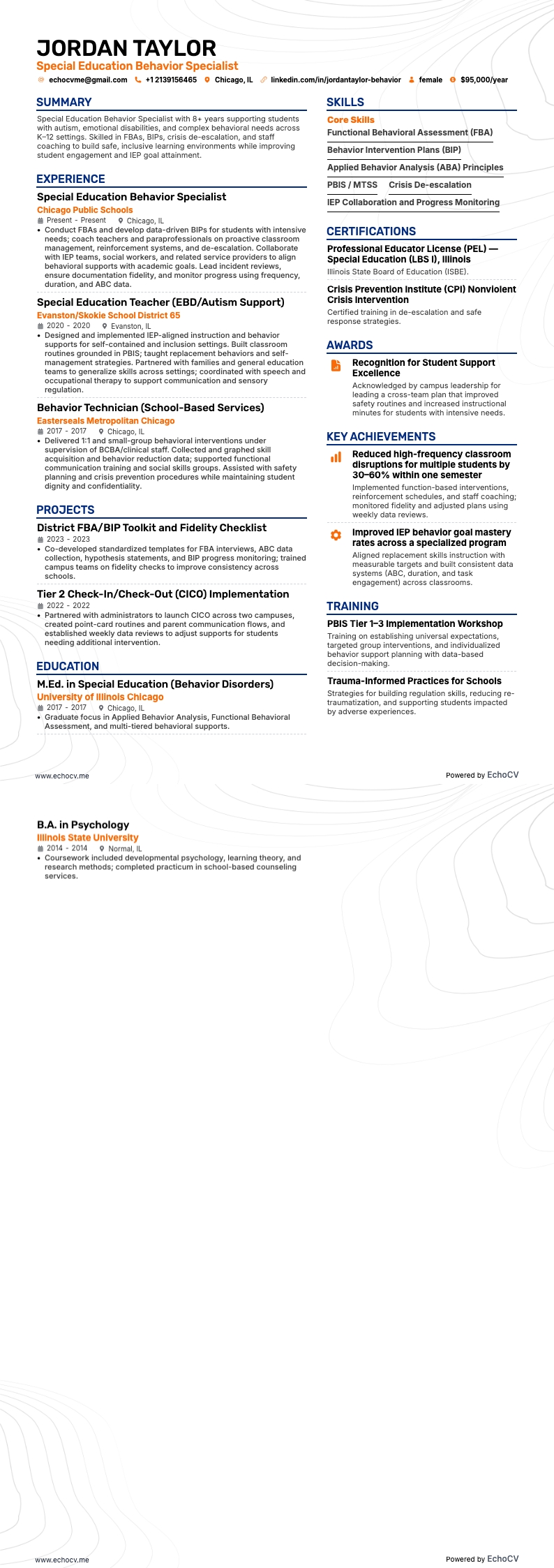 Special Education Behavior Specialist example resume