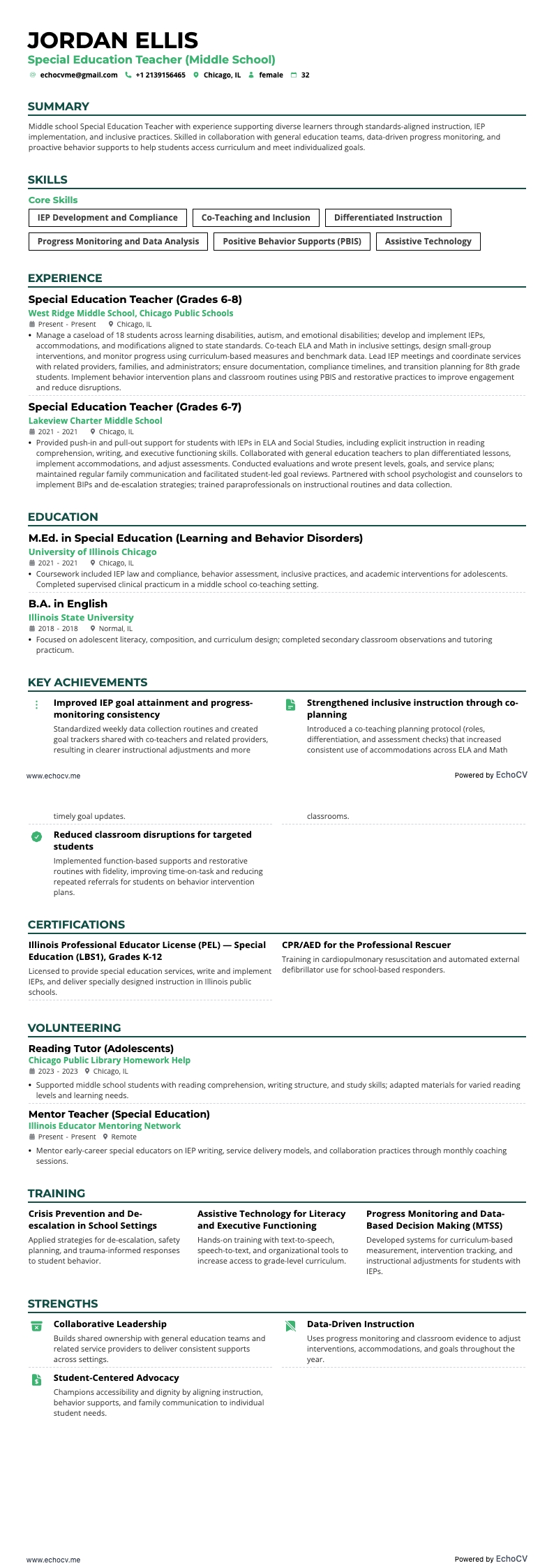 Special Education Teacher for Middle School example resume