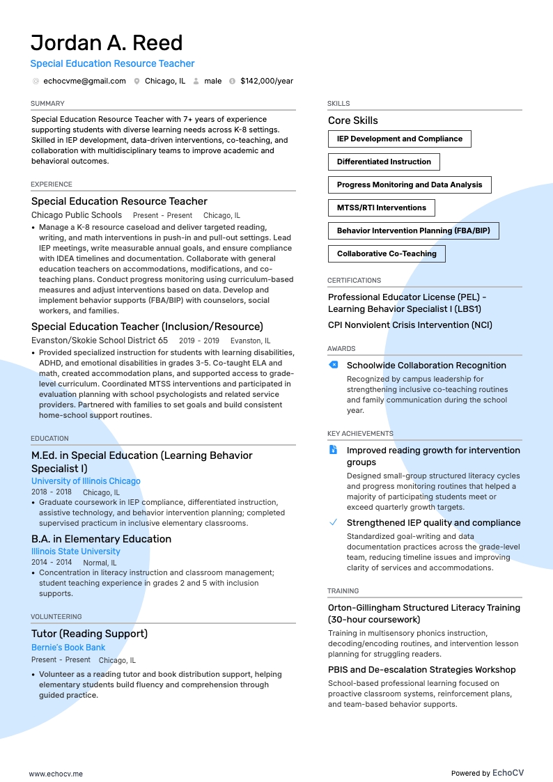 Special Education Resource Teacher example resume