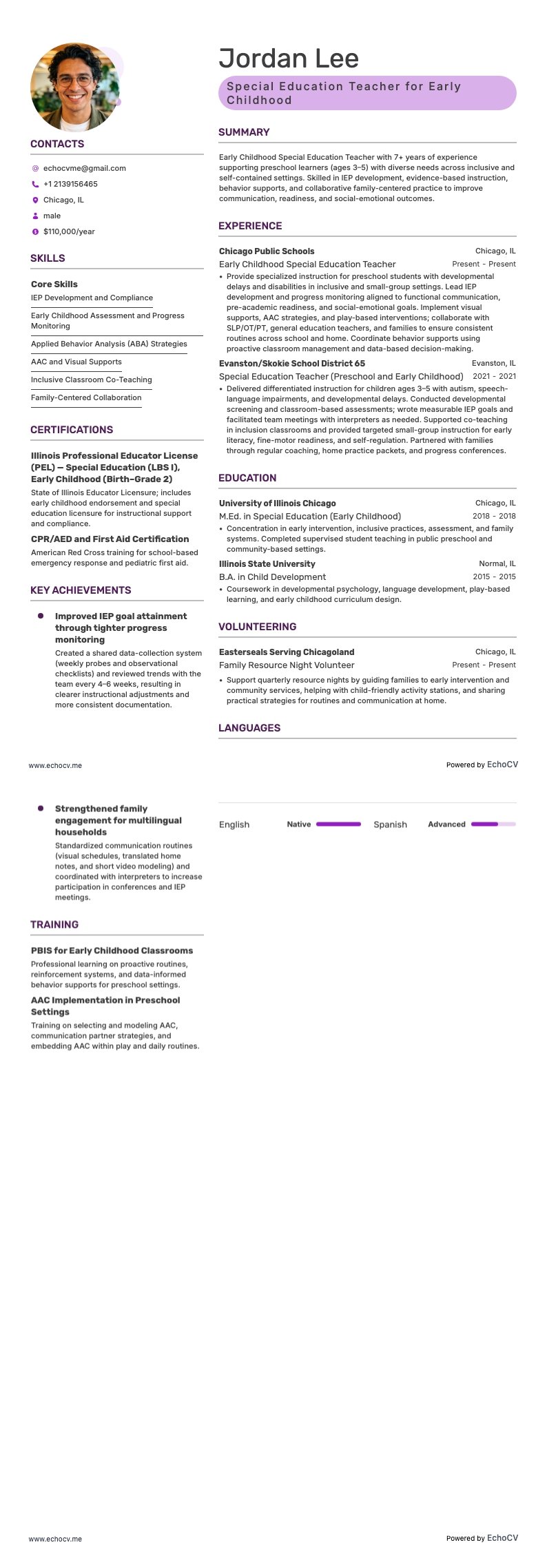 Special Education Teacher for Early Childhood example resume