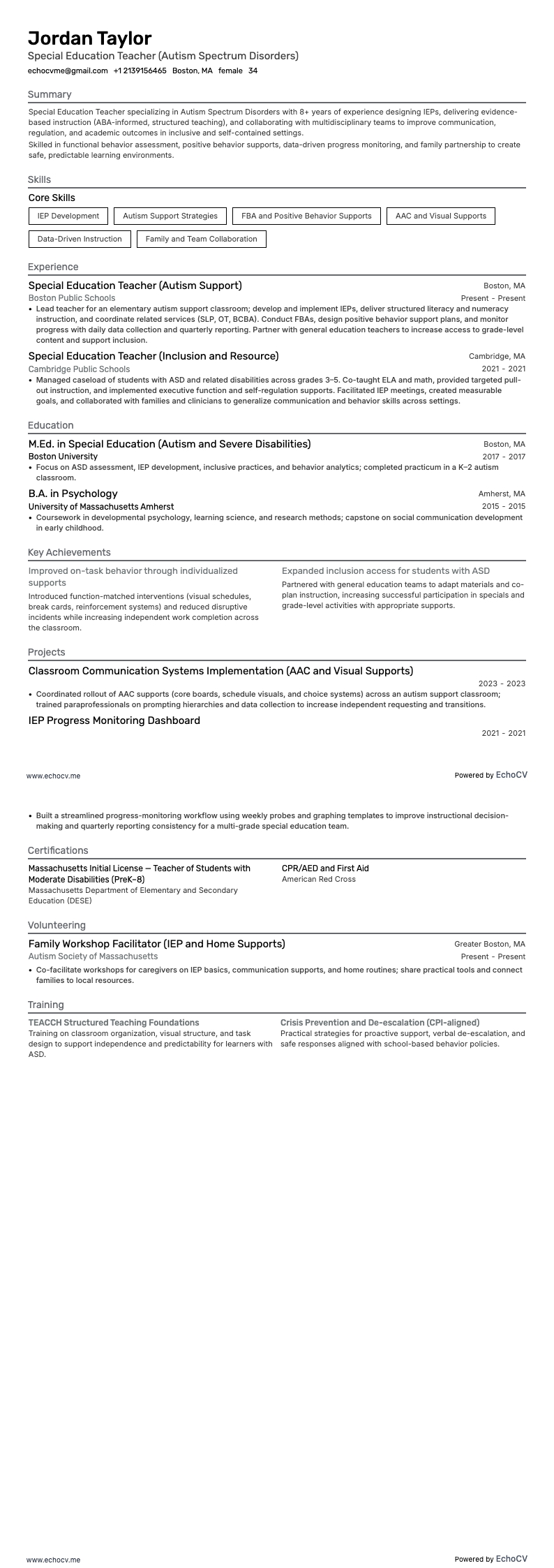 Special Education Teacher for Autism Spectrum Disorders example resume