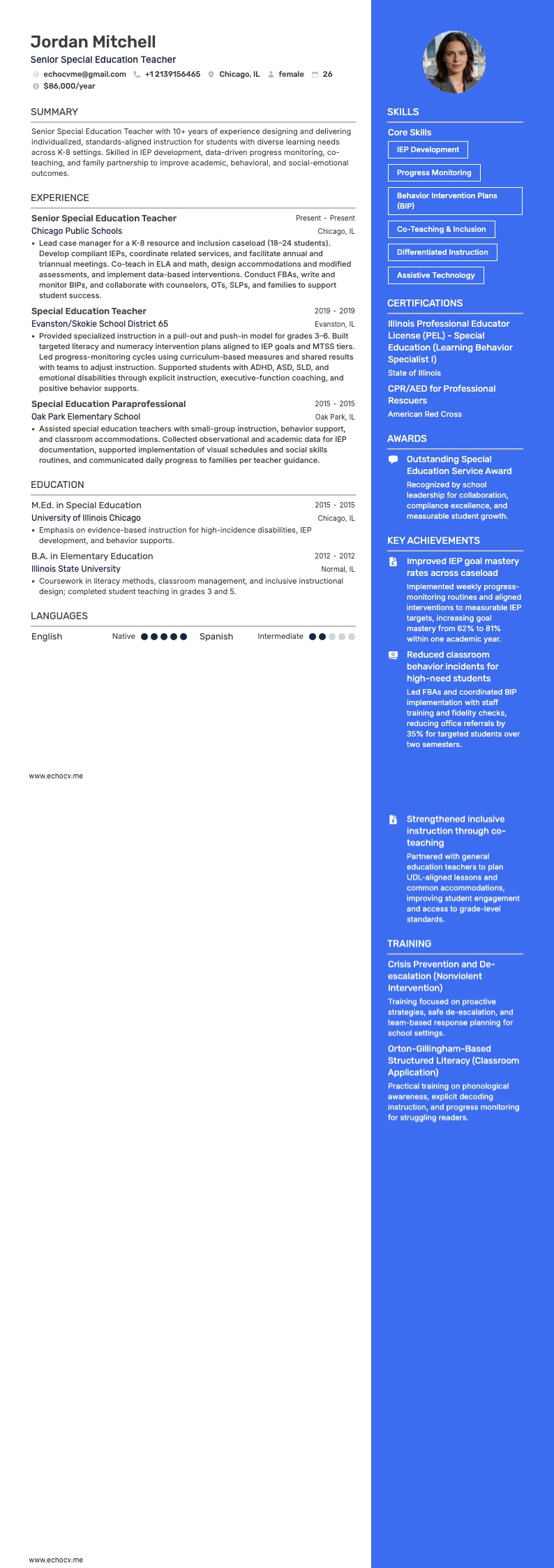 Senior Special Education Teacher example resume