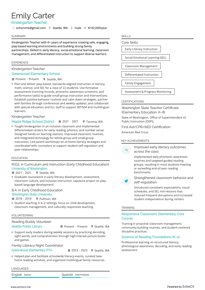 Enseignant(e) de maternelle example resume