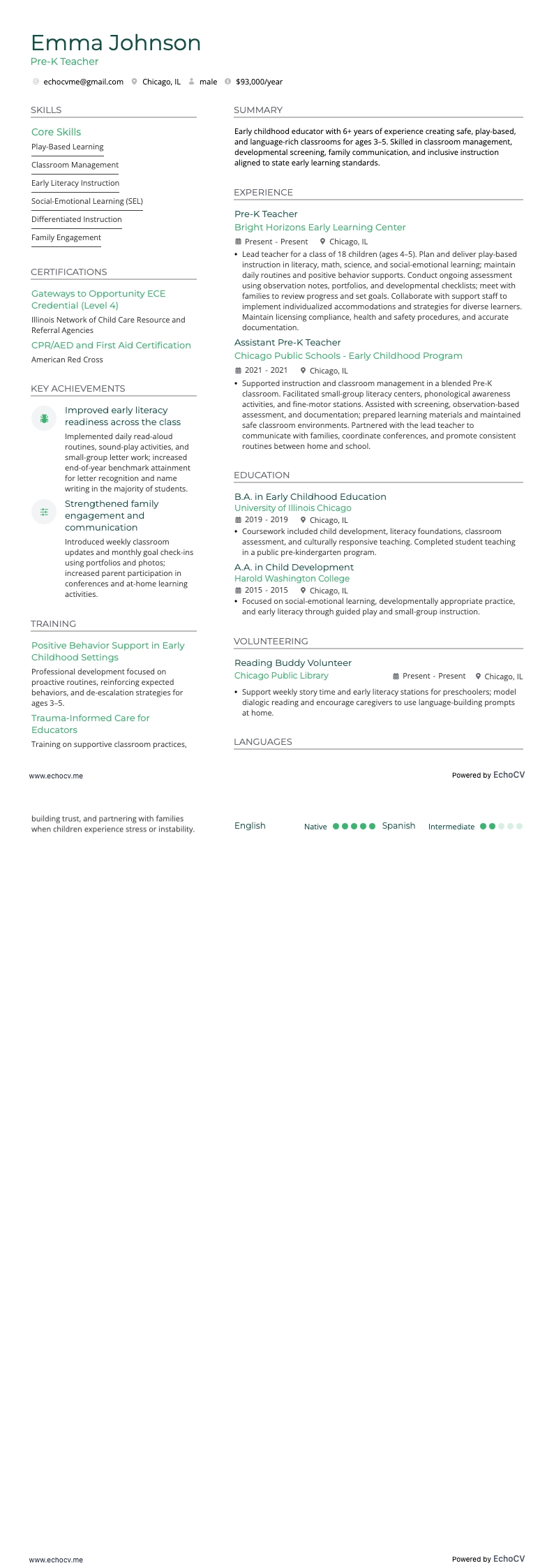 Enseignant(e) de maternelle example resume