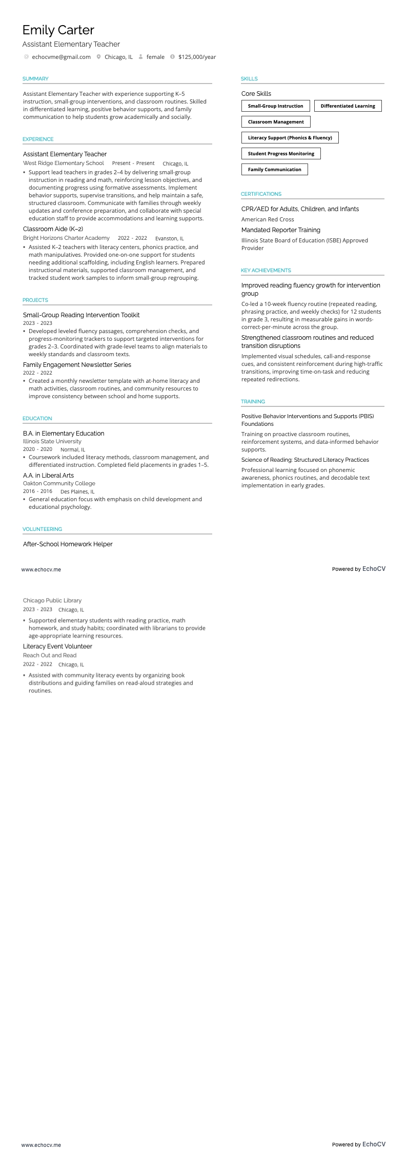 Enseignant adjoint en école primaire example resume