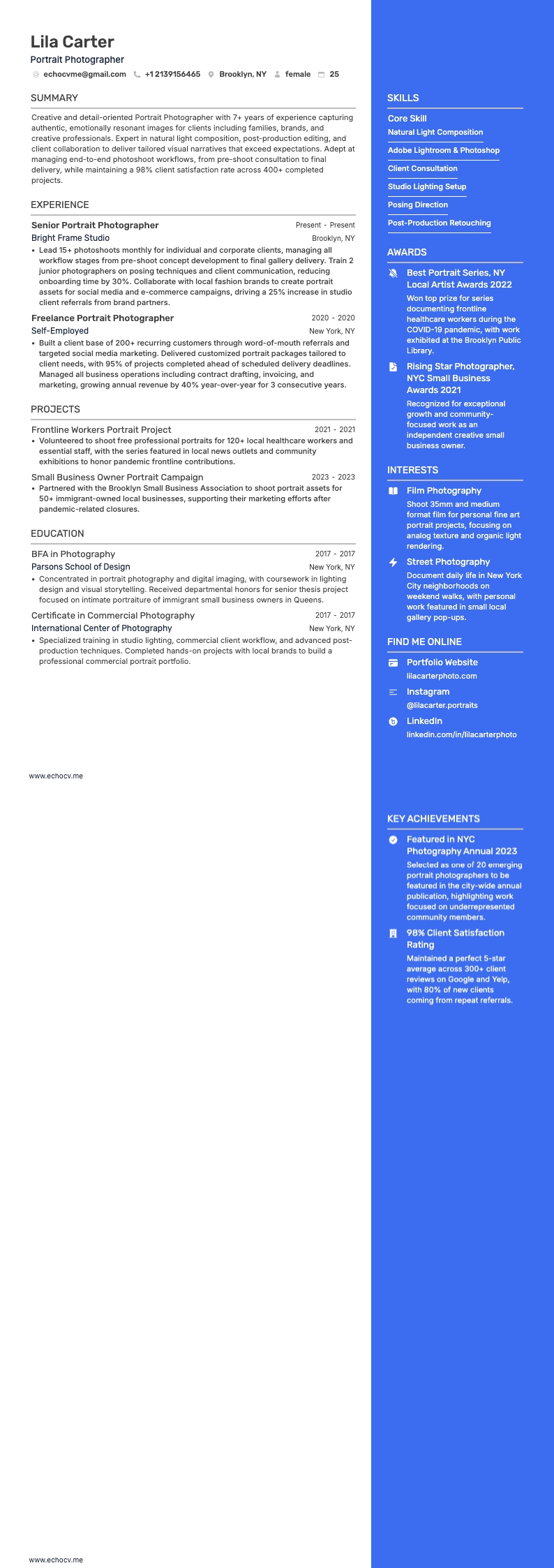 Portrait Photographer example resume