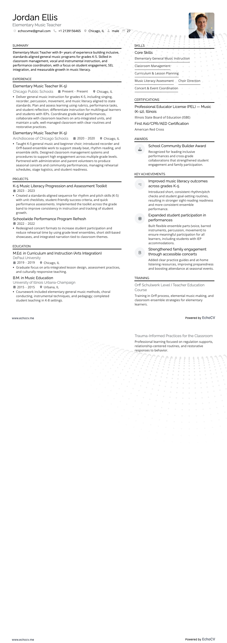 Professeur de musique en école primaire example resume