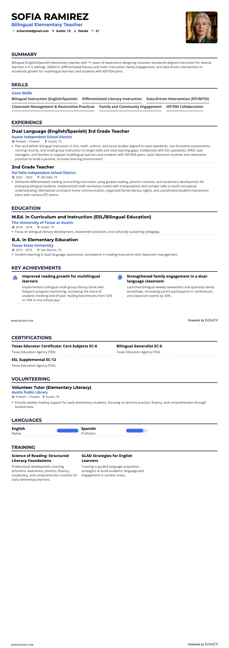 Enseignant bilingue du primaire example resume