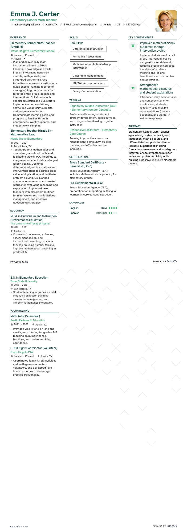 Professeur de mathématiques en école primaire example resume