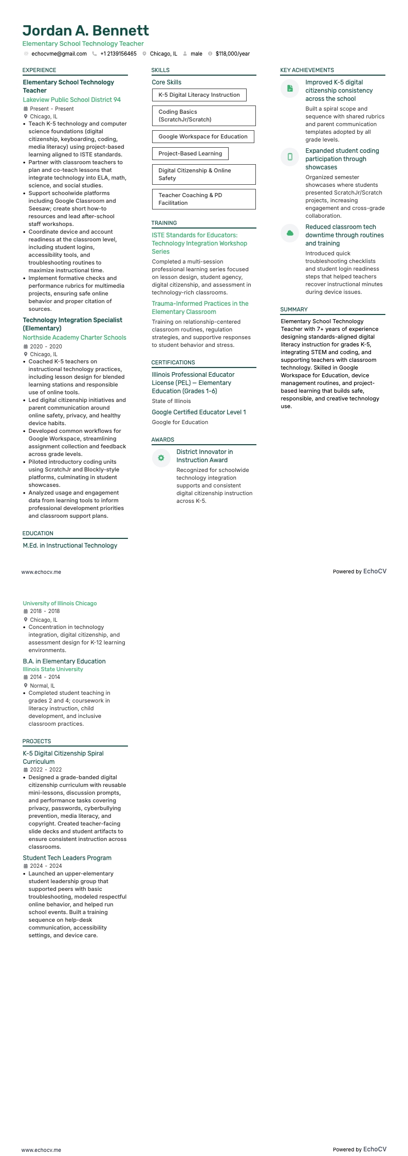 Professeur de technologie à l'école primaire example resume