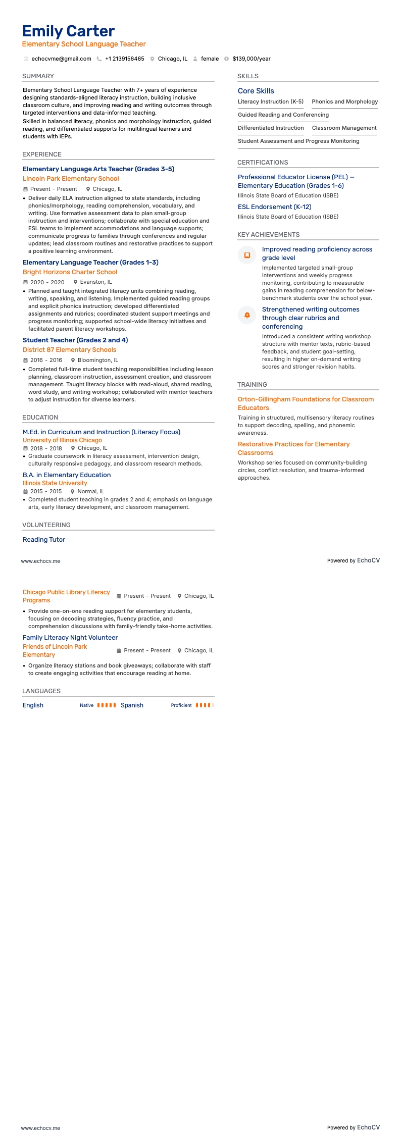 Professeur de langues à l'école primaire example resume