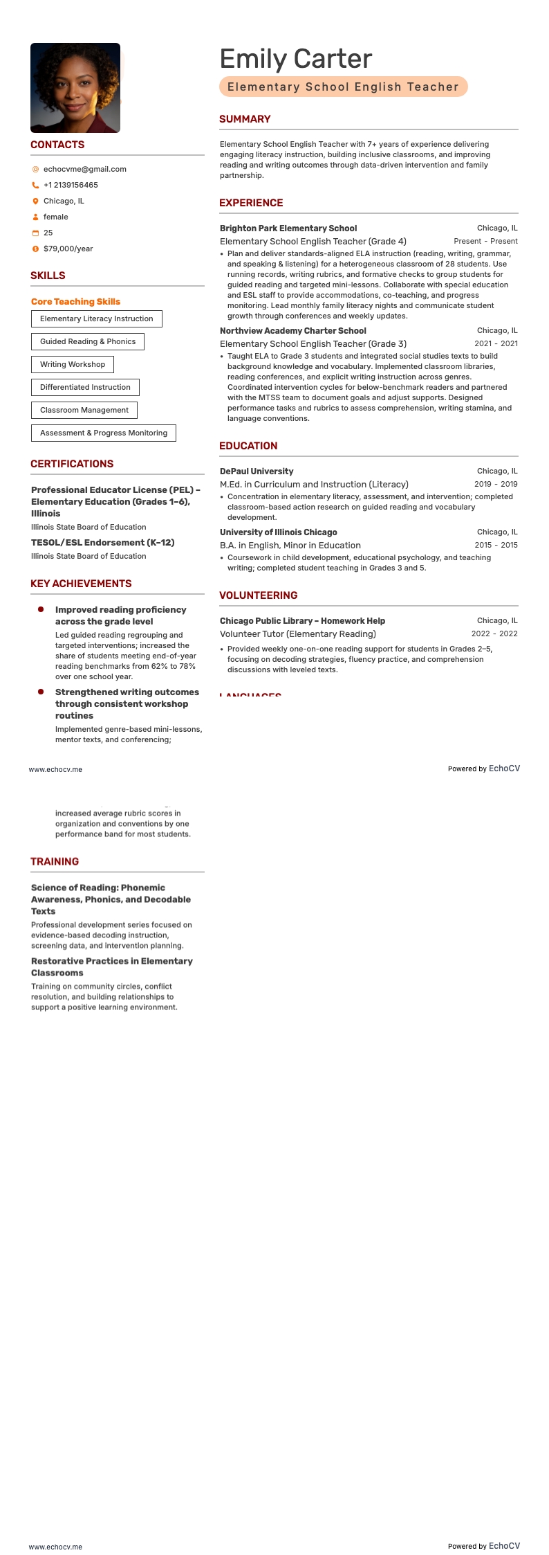 Professeur d’anglais en école primaire example resume