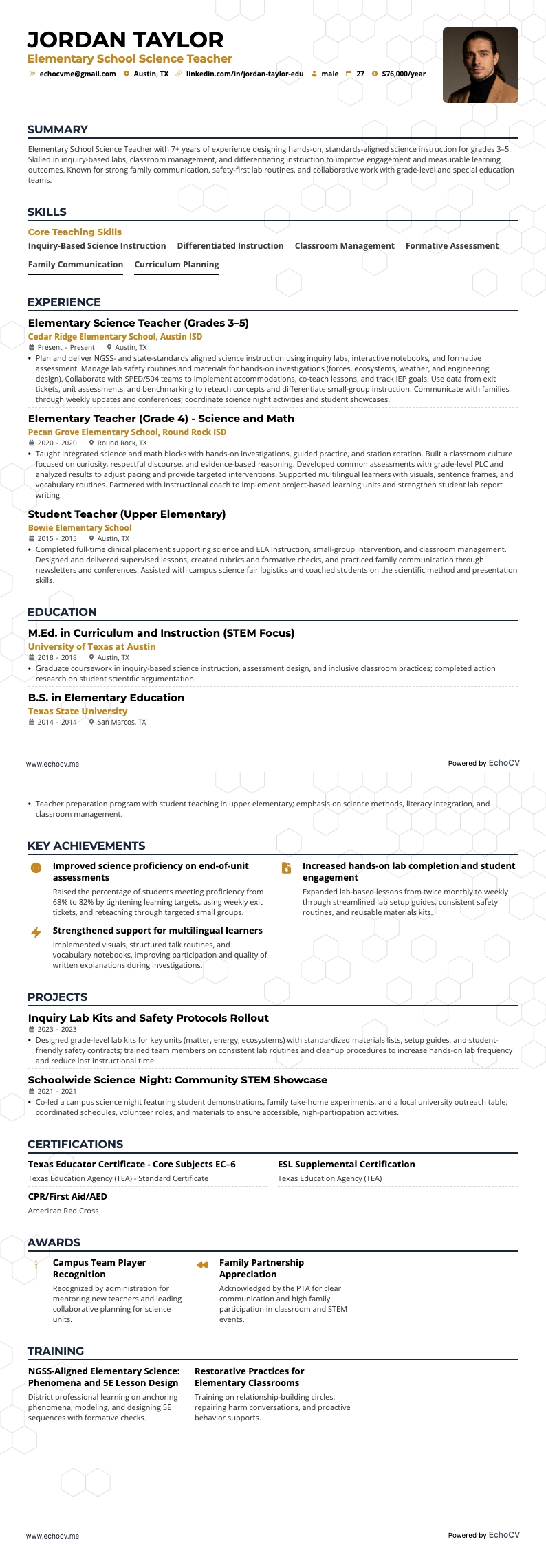 Professeur de sciences en école primaire example resume