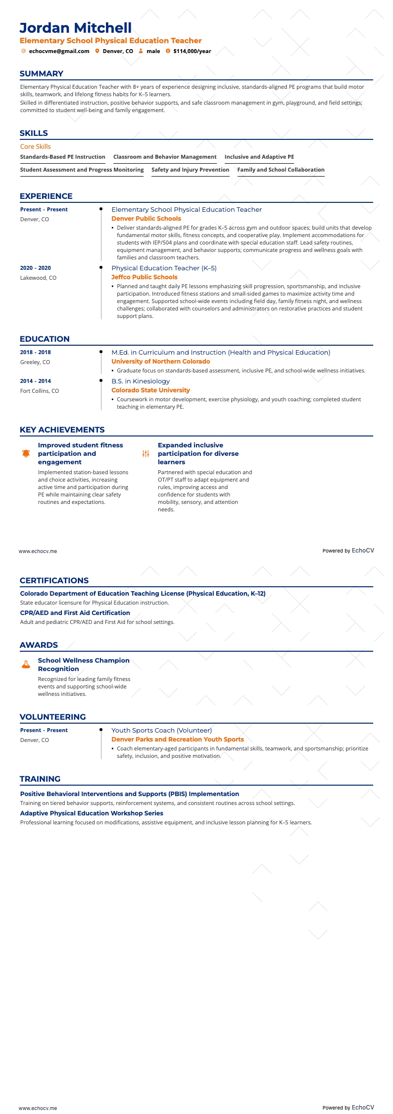 Professeur d’éducation physique en école primaire example resume