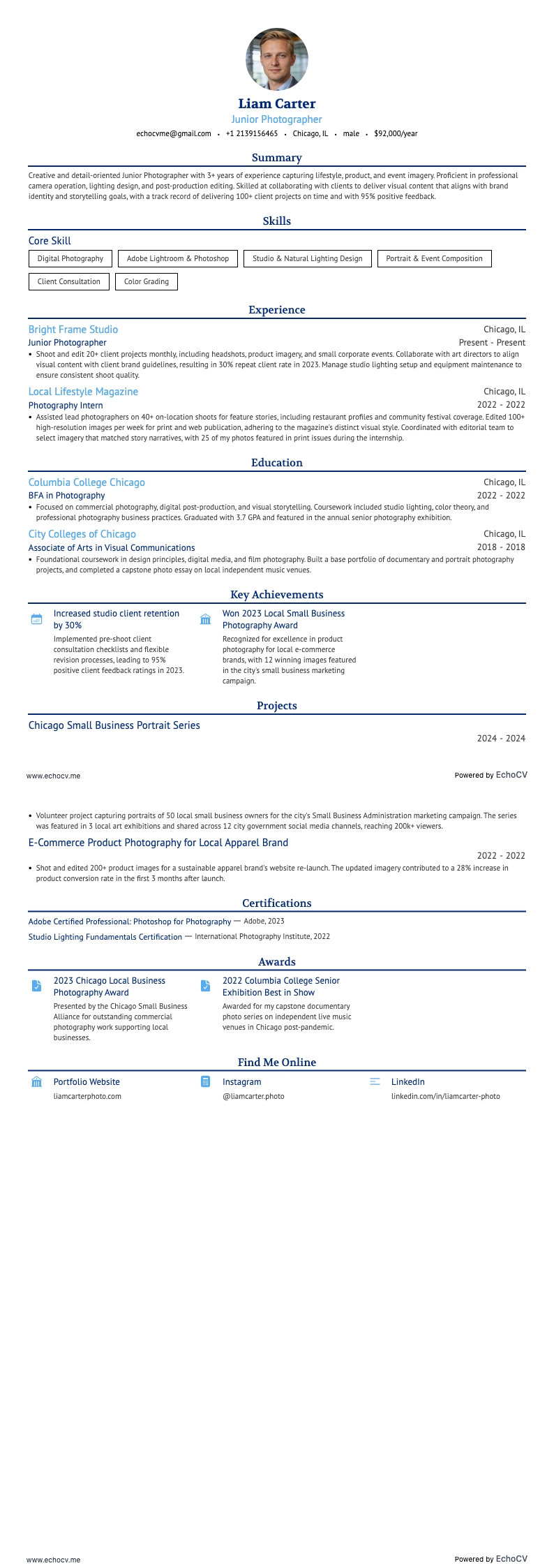 Junior Photographer example resume