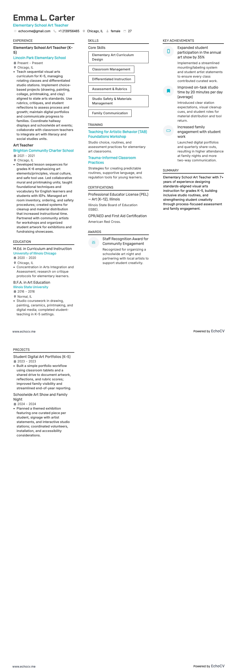 Professeur des écoles resume example