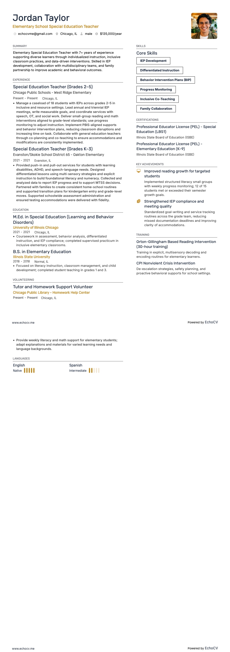 Enseignant(e) spécialisé(e) en école primaire example resume