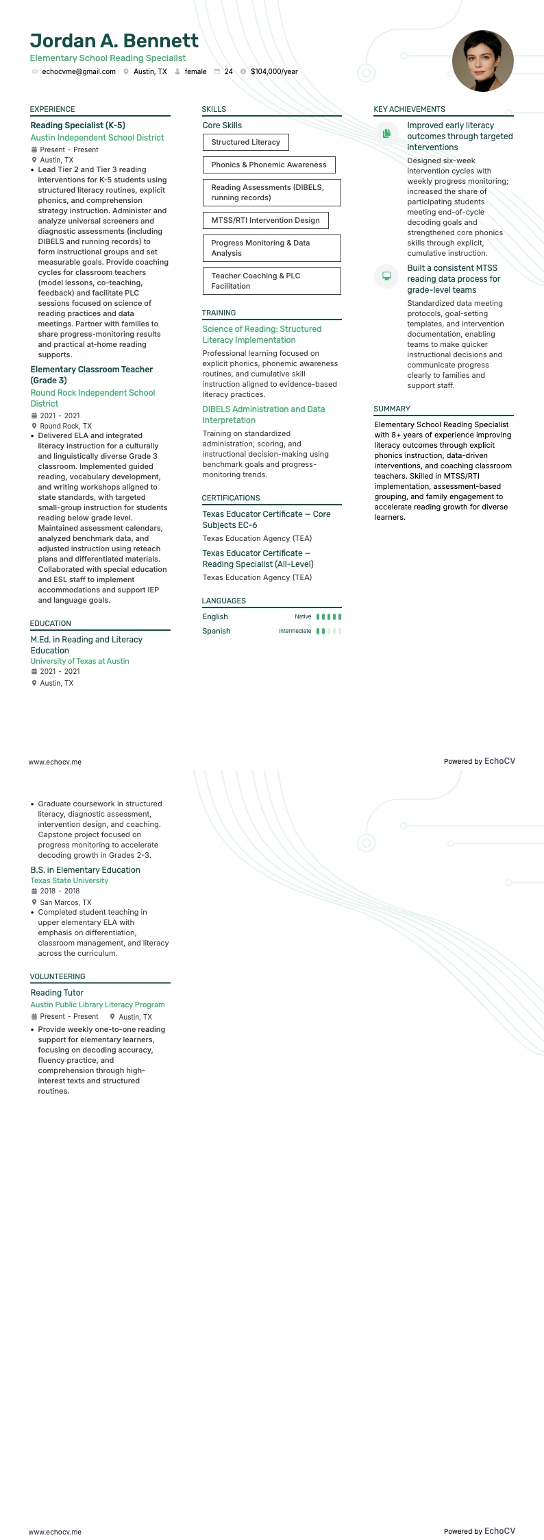 Spécialiste de la lecture en école primaire example resume