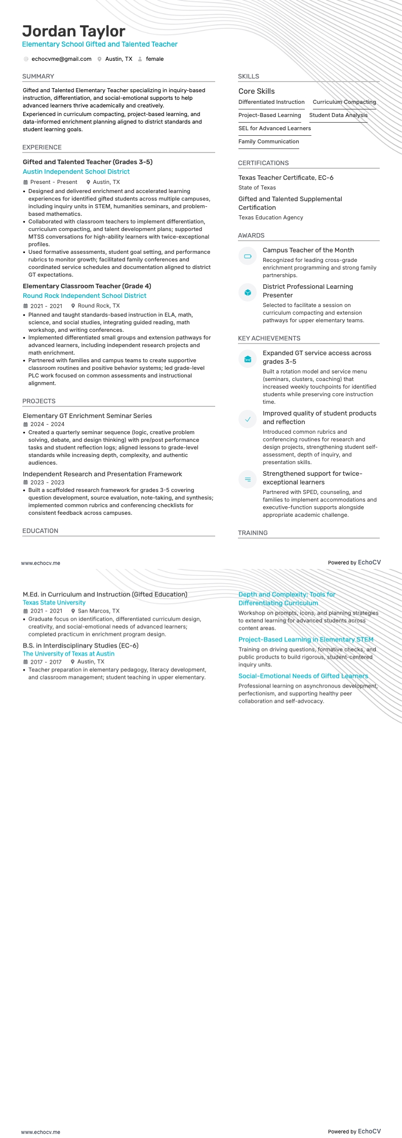 Enseignant du primaire pour élèves à haut potentiel example resume