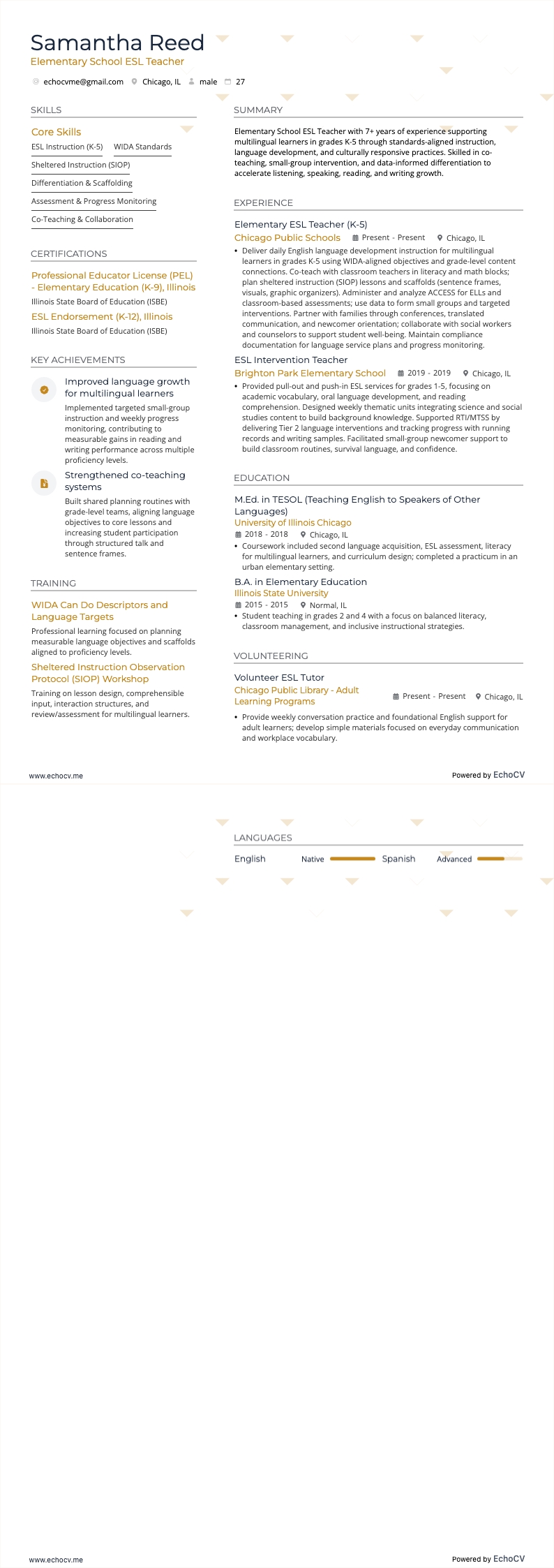 Professeur d’anglais langue seconde en école primaire example resume