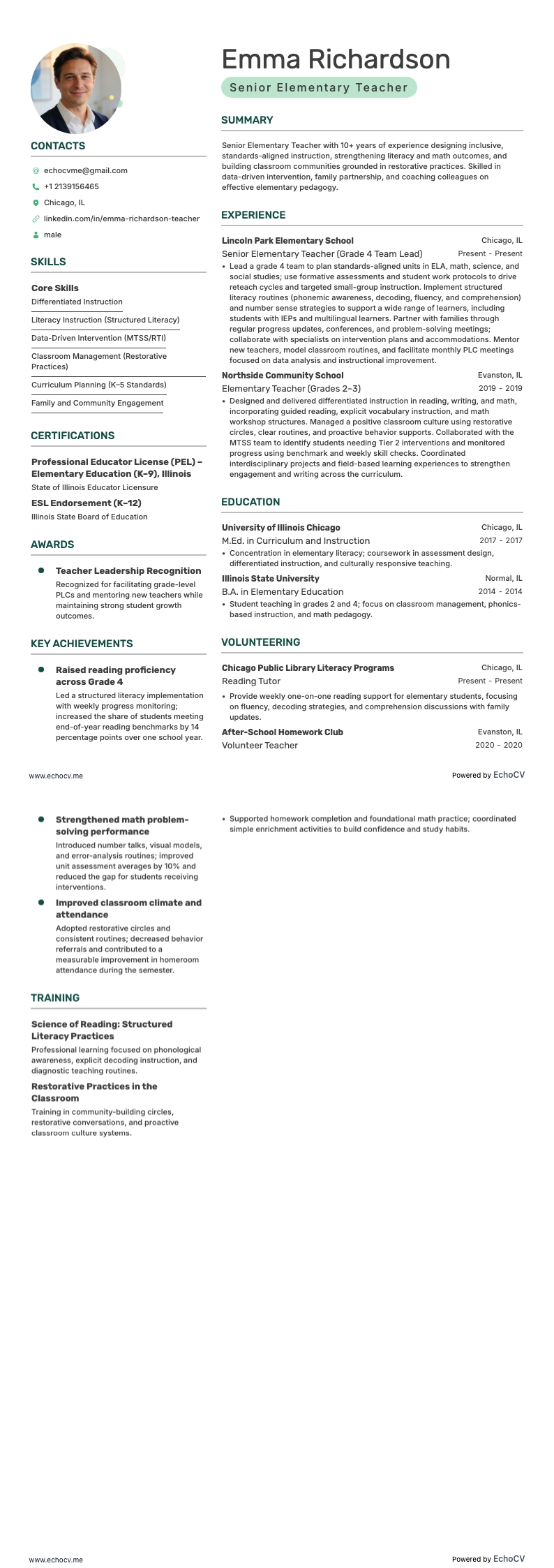 Enseignant(e) en école primaire senior example resume