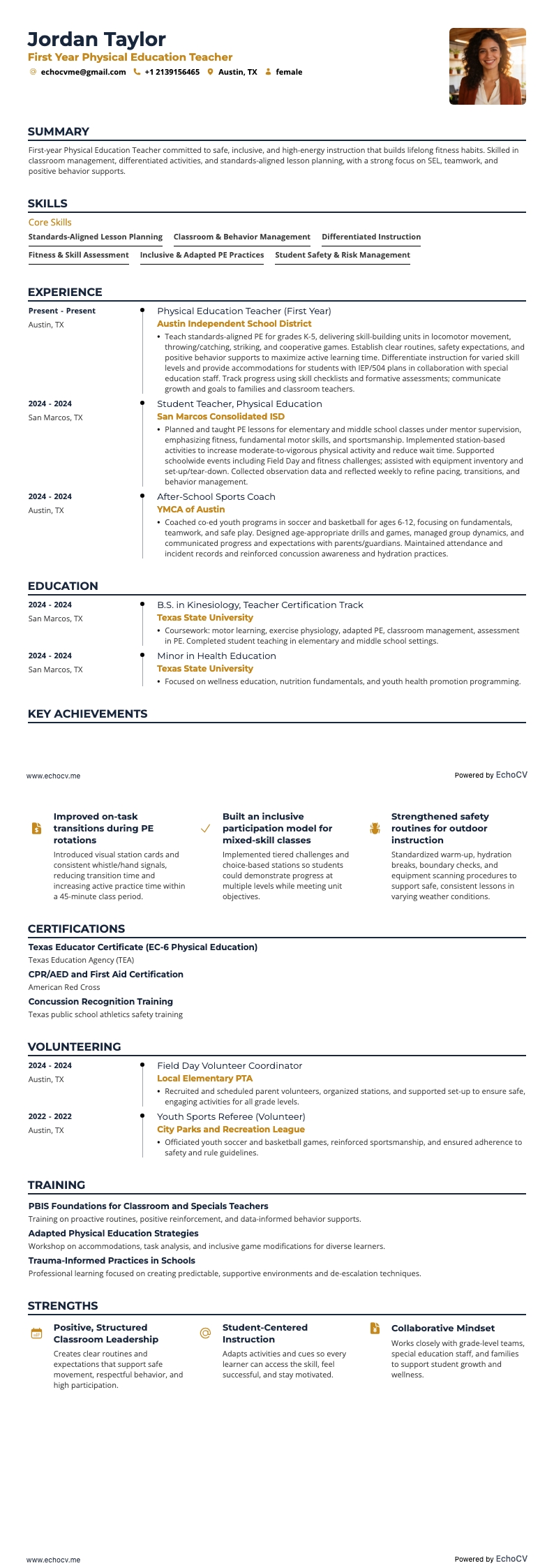 1년 차 체육 교사 example resume