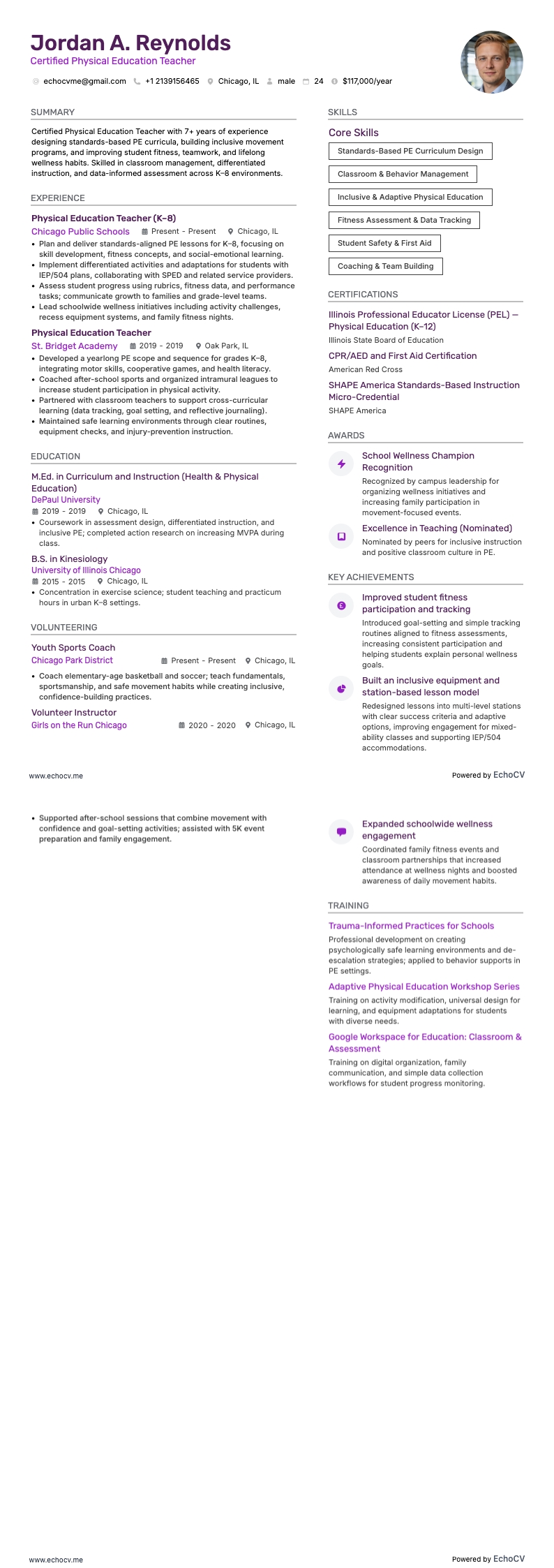 공인 체육 교사 example resume