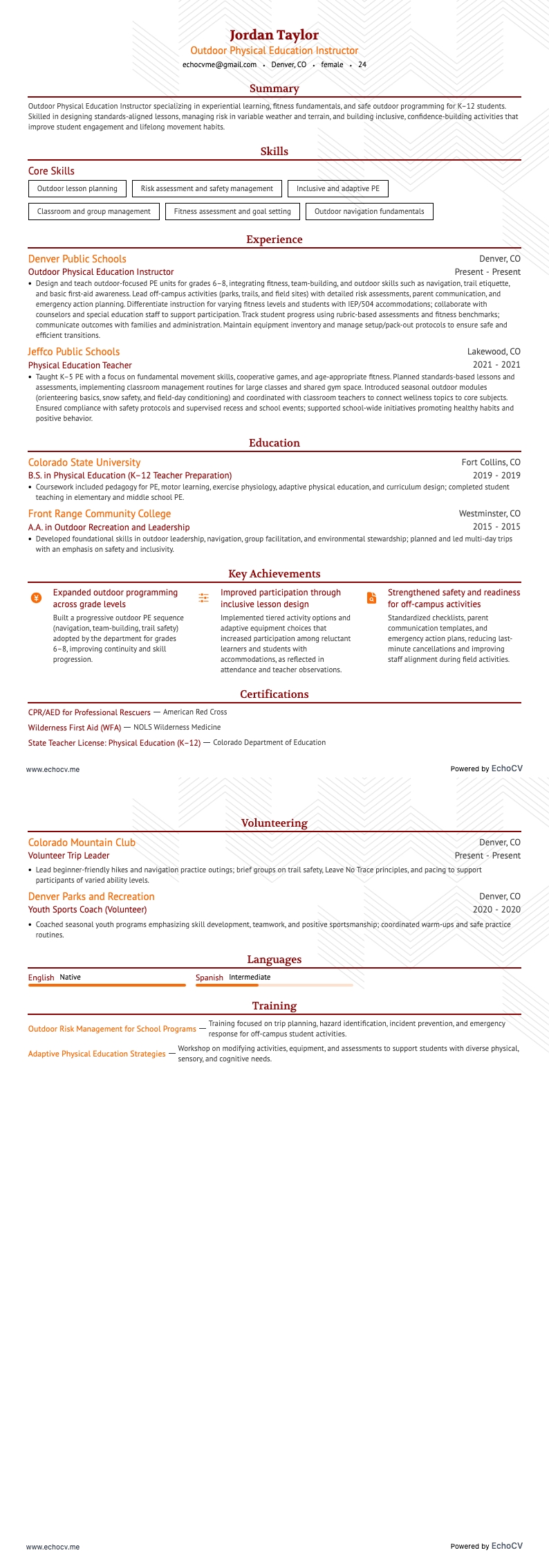 야외 체육 강사 example resume