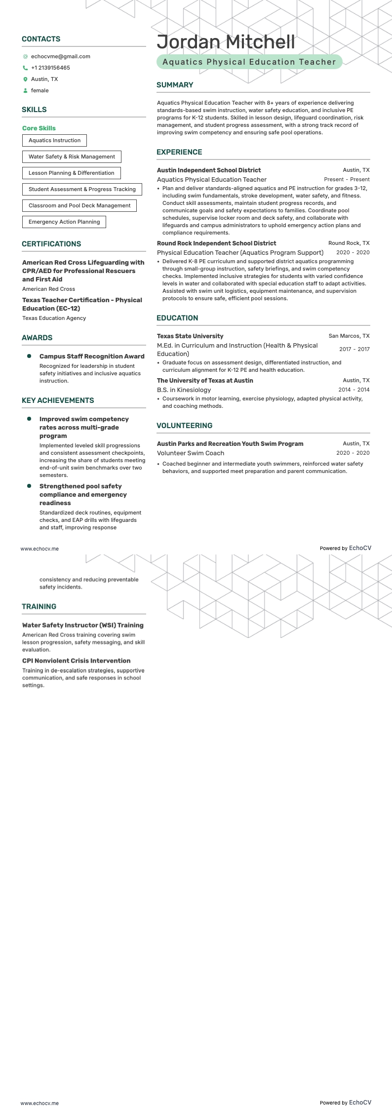 Idrottslärare i vattensport resume example