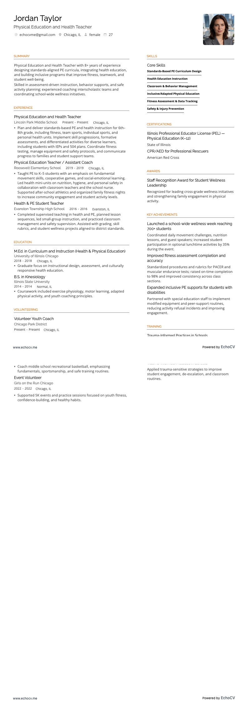 체육 및 보건 교사 example resume