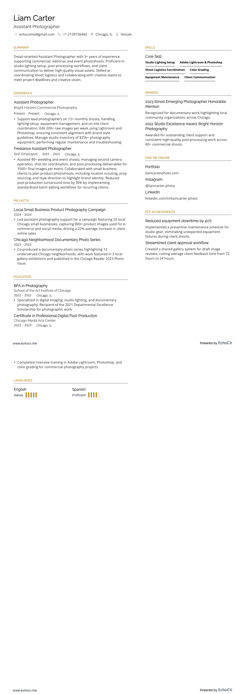 Assistant Photographer example resume