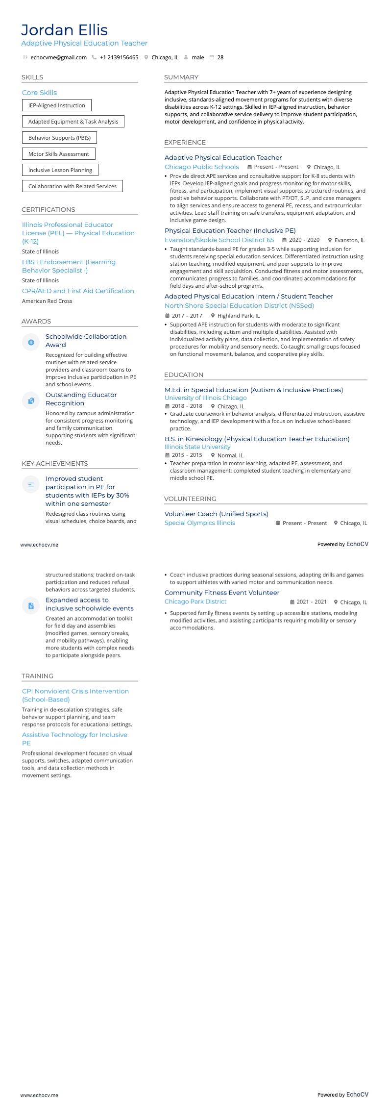 적응 체육 교사 example resume