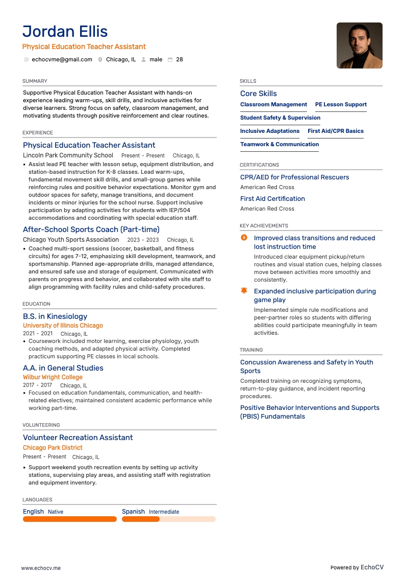 체육 교사 보조 example resume
