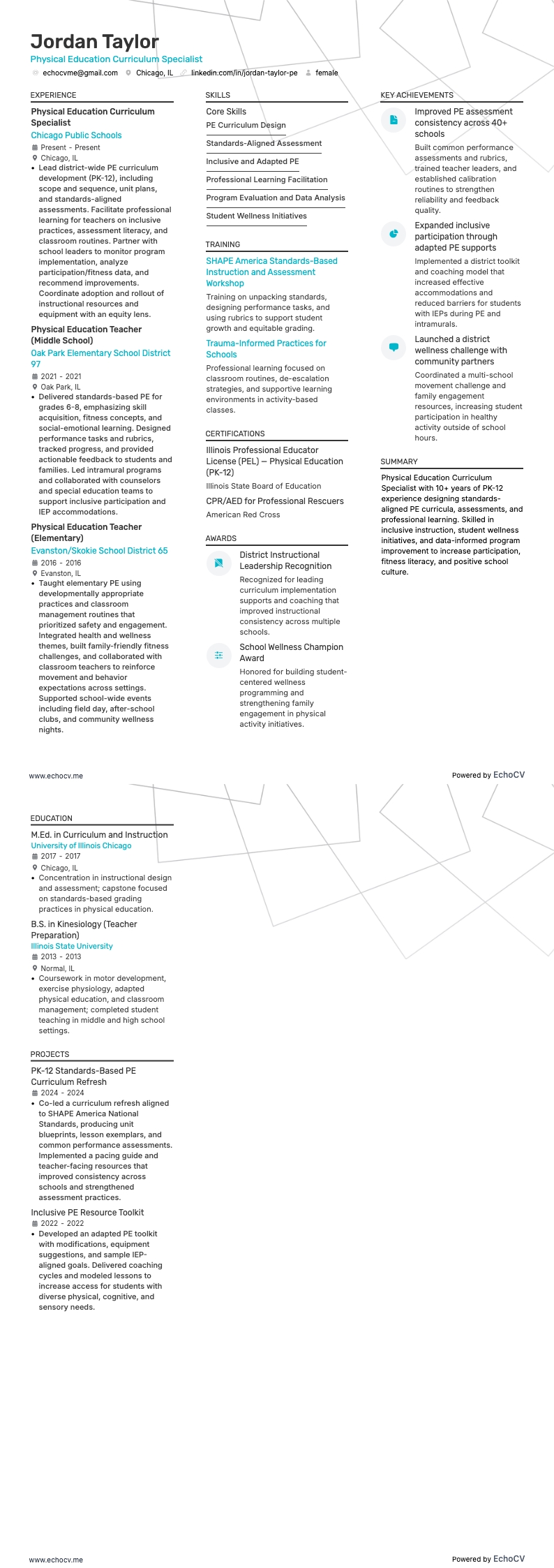 체육 교육과정 전문가 example resume