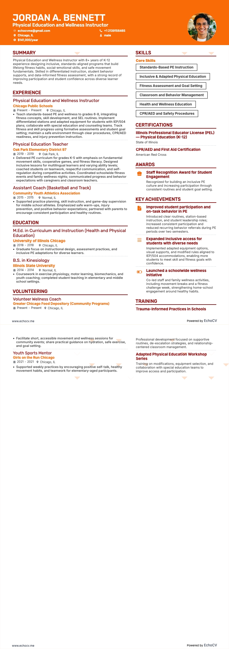 체육 및 웰니스 강사 example resume