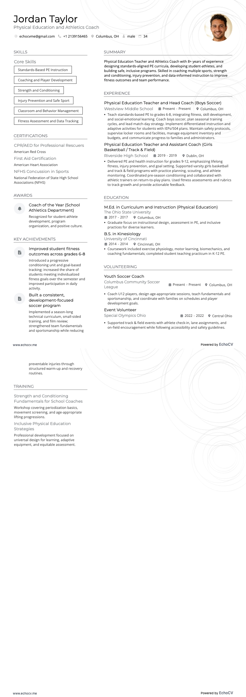 체육 및 육상 코치 example resume