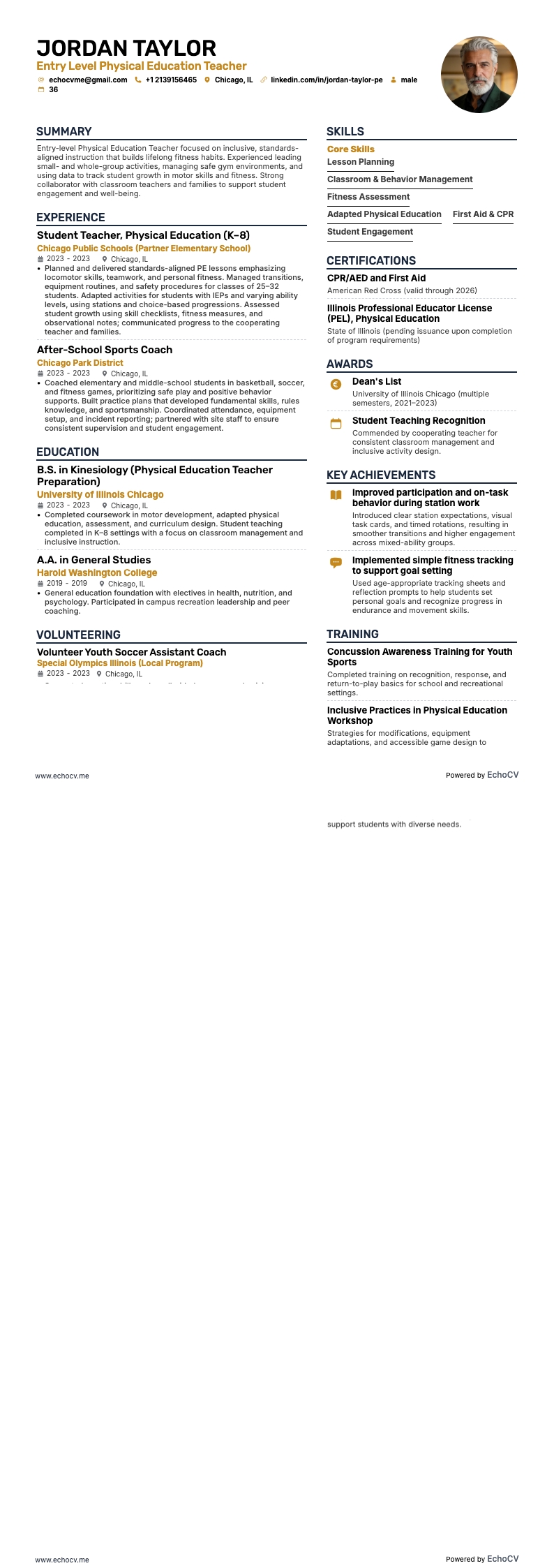 초급 체육 교사 example resume